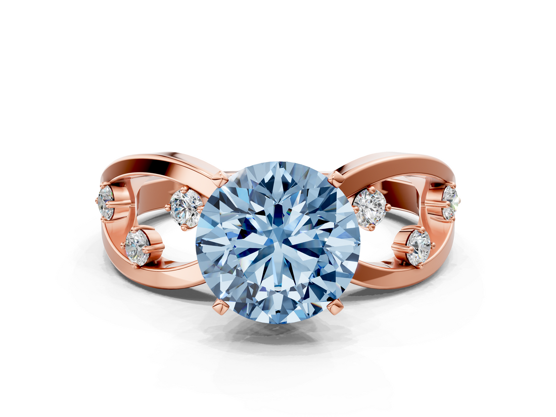 Rose gold Fancy Blue Round  Cut Solitaire Diamond with Side Stones on Criss-Cross Band and Four-Prong Setting_3