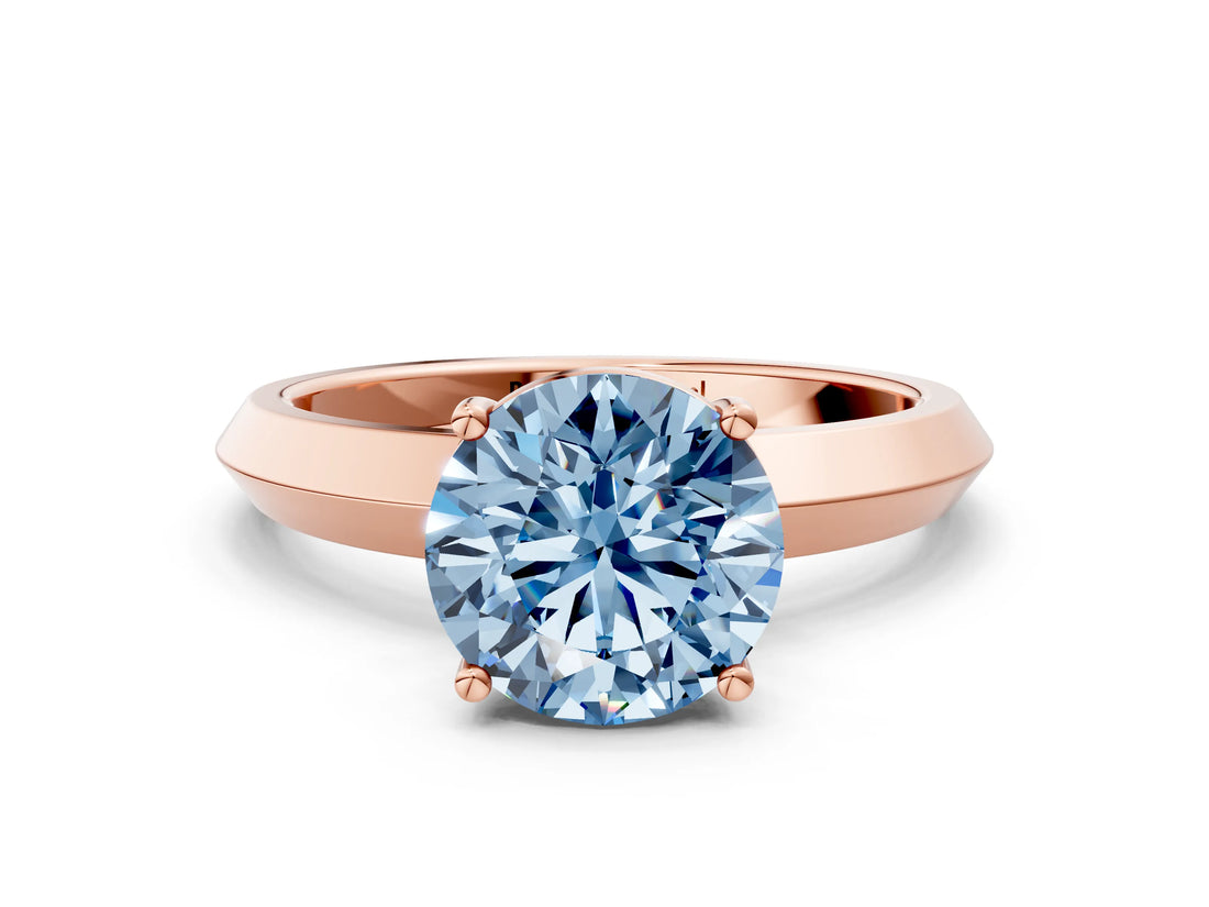 Rose gold Fancy Blue Round  Cut Solitaire Engagement Ring with Flat Band and Four-Prong Setting