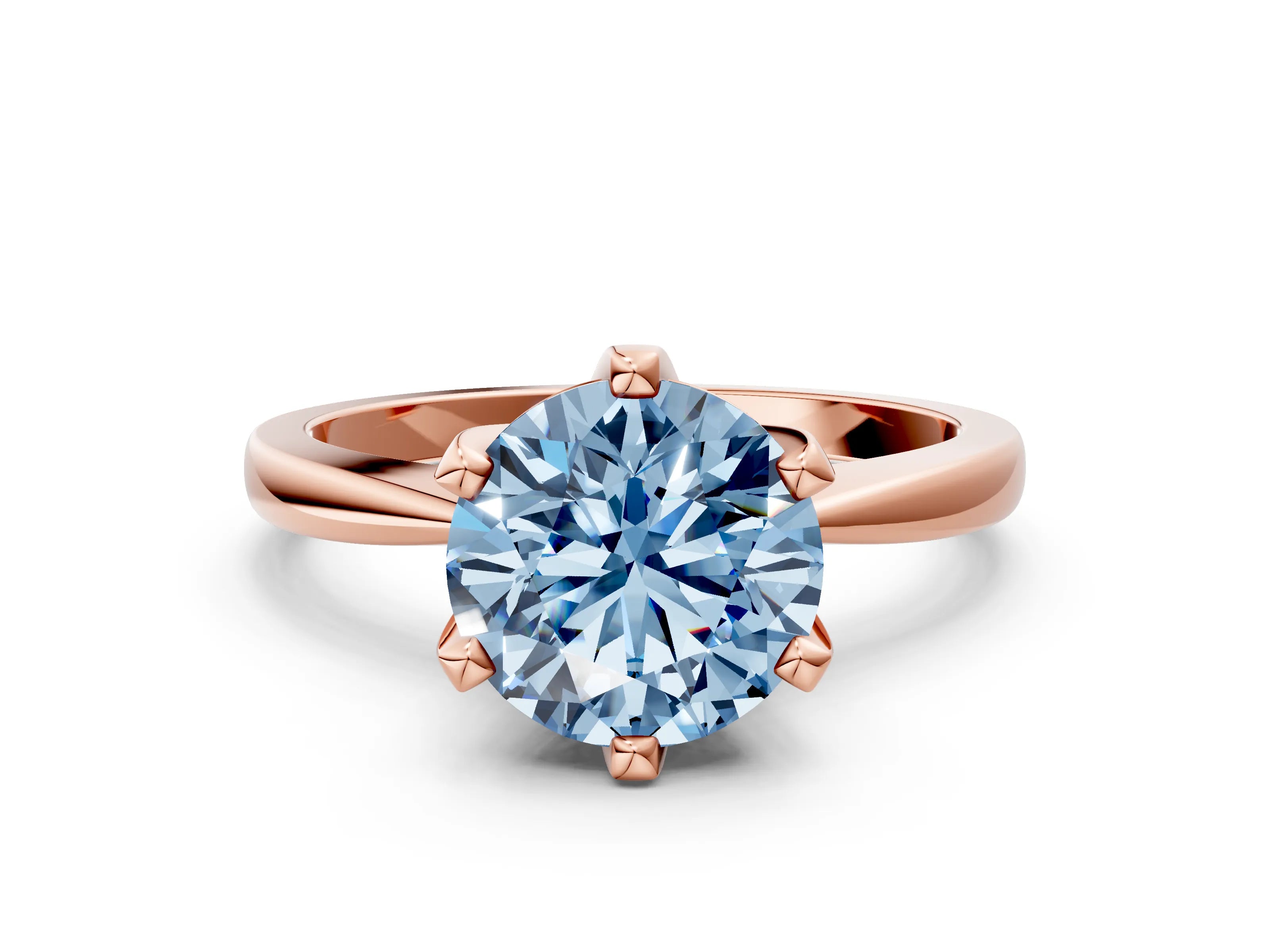 Rose gold Fancy Blue Round Cut Solitaire Engagement Ring with Six-Prong Setting and Tapered Band