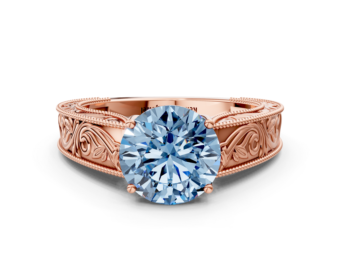 Rose gold Fancy Blue Round  Cut Solitaire Engraved Band with Four-Prong Setting_78