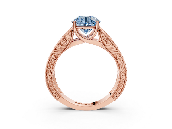 Rose gold Fancy Blue Round Cut Diamond Solitaire Ring with Engraved Band and Four-Prong Setting