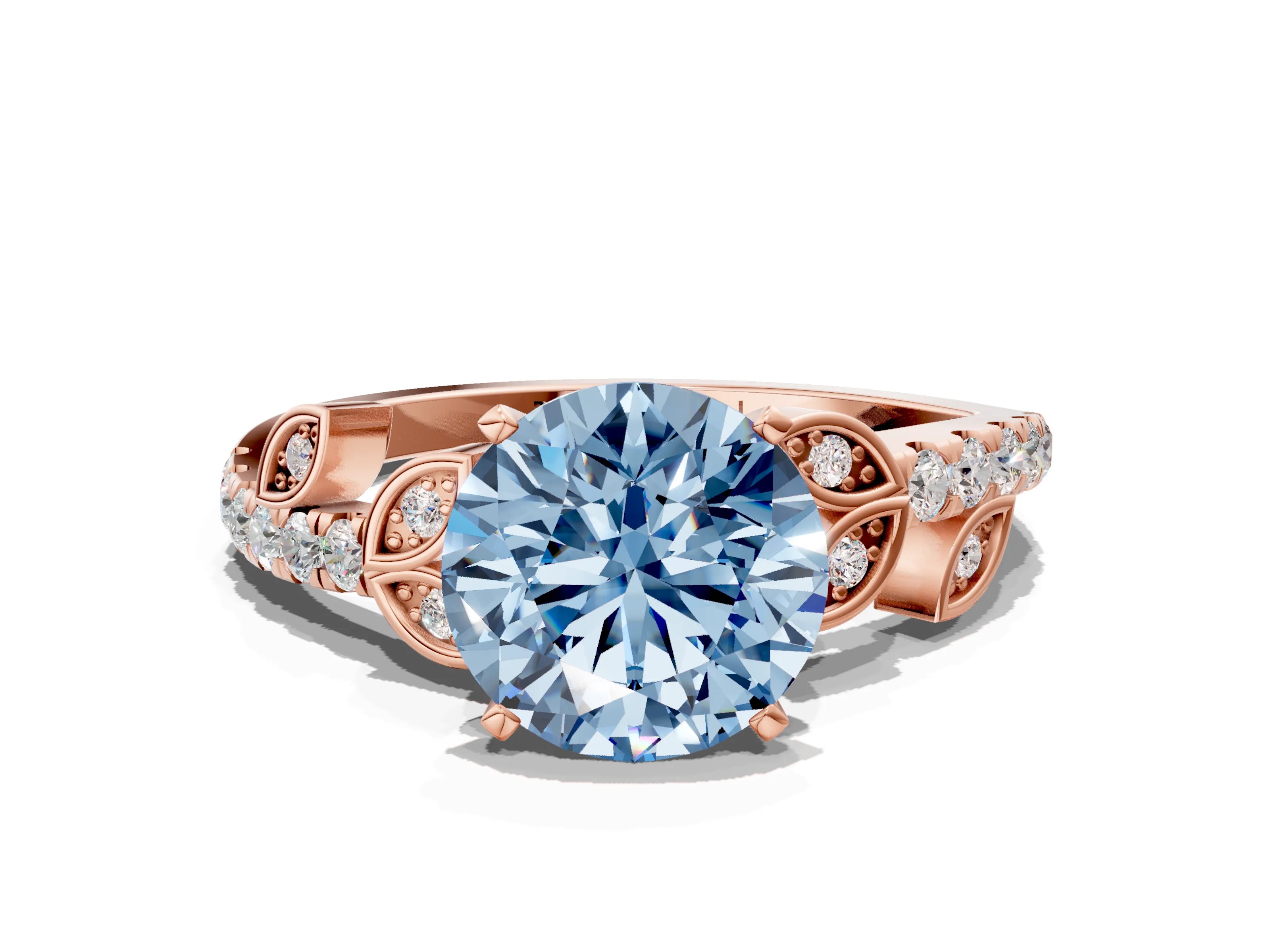 Rose gold Fancy Blue Round Cut Solitaire Leaf-Inspired Diamond Ring with Pavé Band and Four-Prong Setting