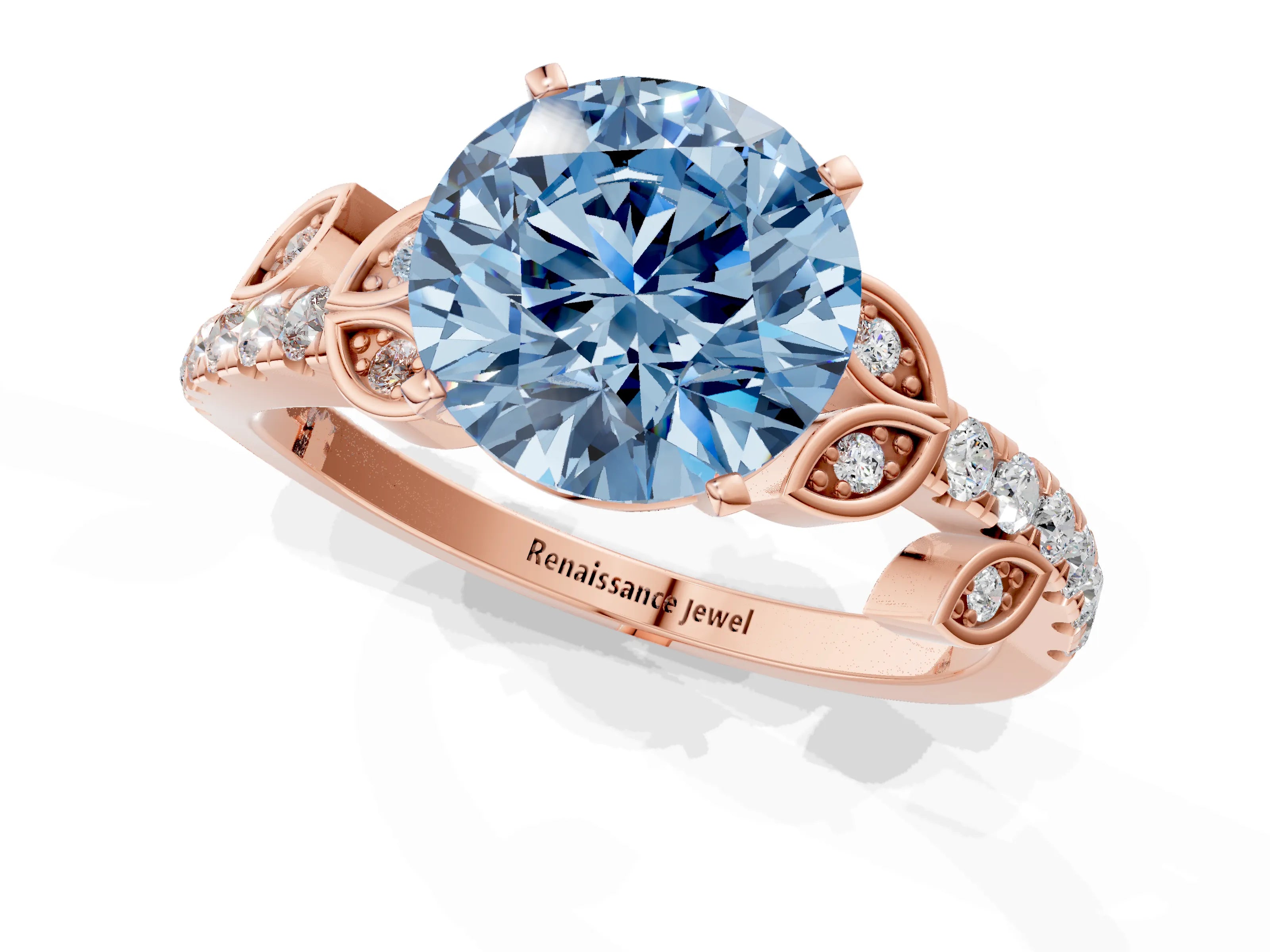 Rose gold Fancy Blue Round Cut Solitaire Leaf-Inspired Diamond Ring with Pavé Band and Four-Prong Setting_1