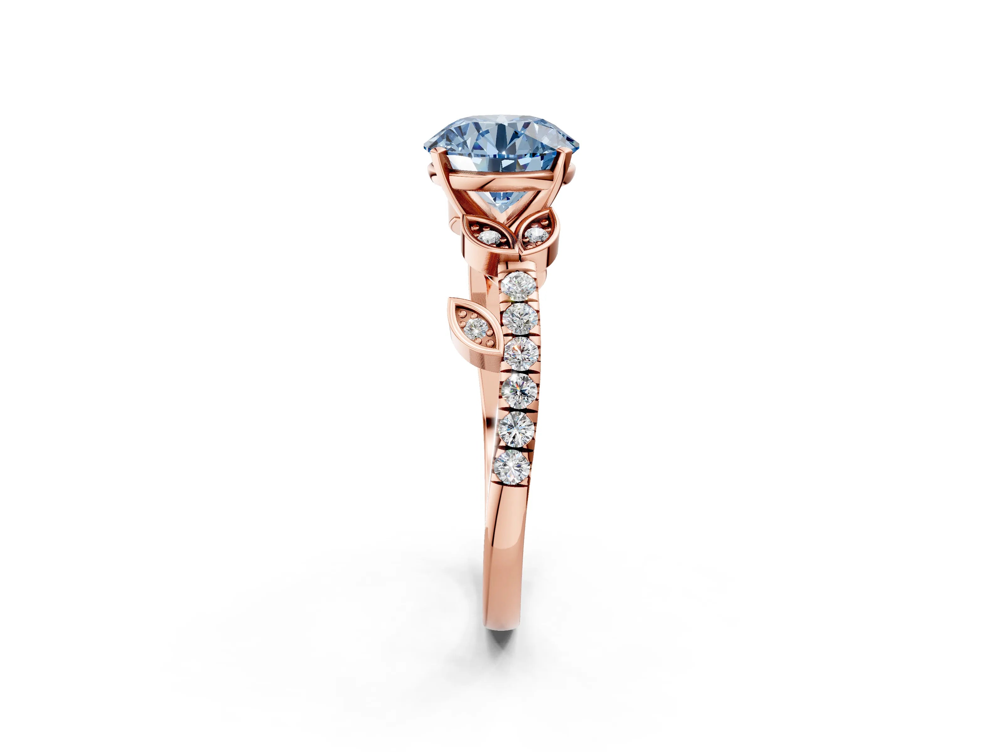 Rose gold Fancy Blue Round Cut Solitaire Leaf-Inspired Diamond Ring with Pavé Band and Four-Prong Setting_2