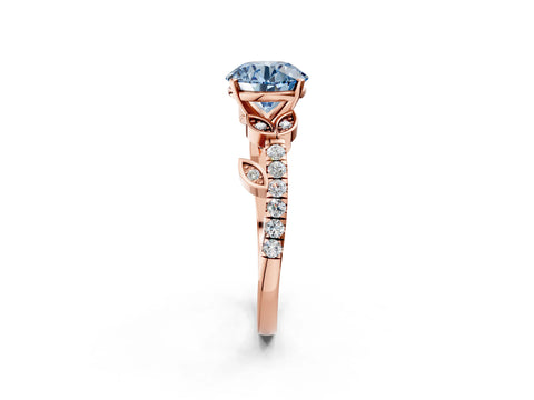 Rose gold Fancy Blue Round Cut Solitaire Leaf-Inspired Diamond Ring with Pavé Band and Four-Prong Setting_2