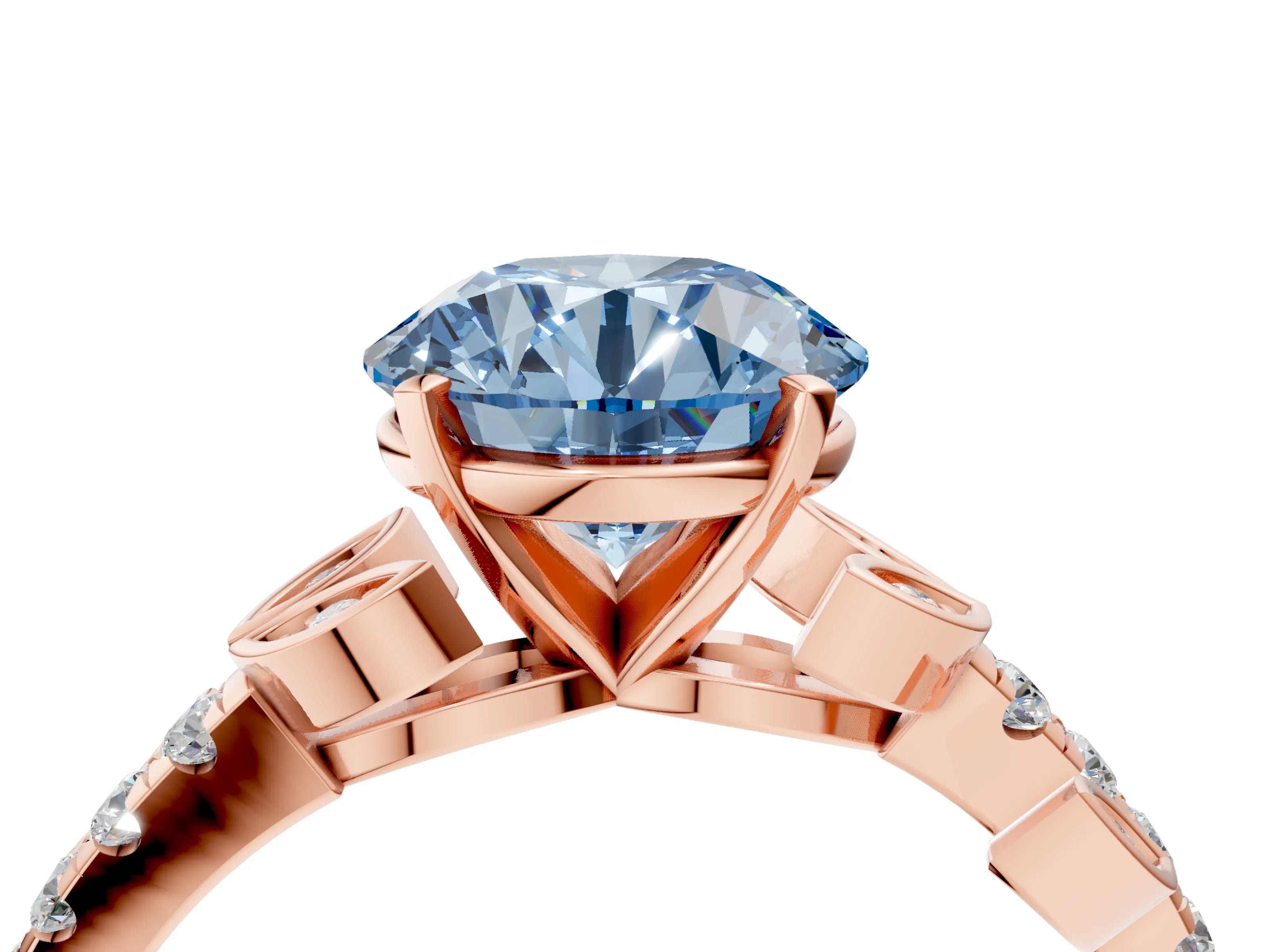 Rose gold Fancy Blue Round Cut Solitaire Leaf-Inspired Diamond Ring with Pavé Band and Four-Prong Setting_4