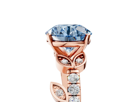 Rose gold Fancy Blue Round Cut Solitaire Leaf-Inspired Diamond Ring with Pavé Band and Four-Prong Setting_5