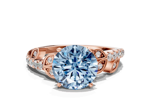 Rose gold Fancy Blue Round Cut Solitaire Leaf-Inspired Diamond Ring with Pavé Band and Four-Prong Setting
