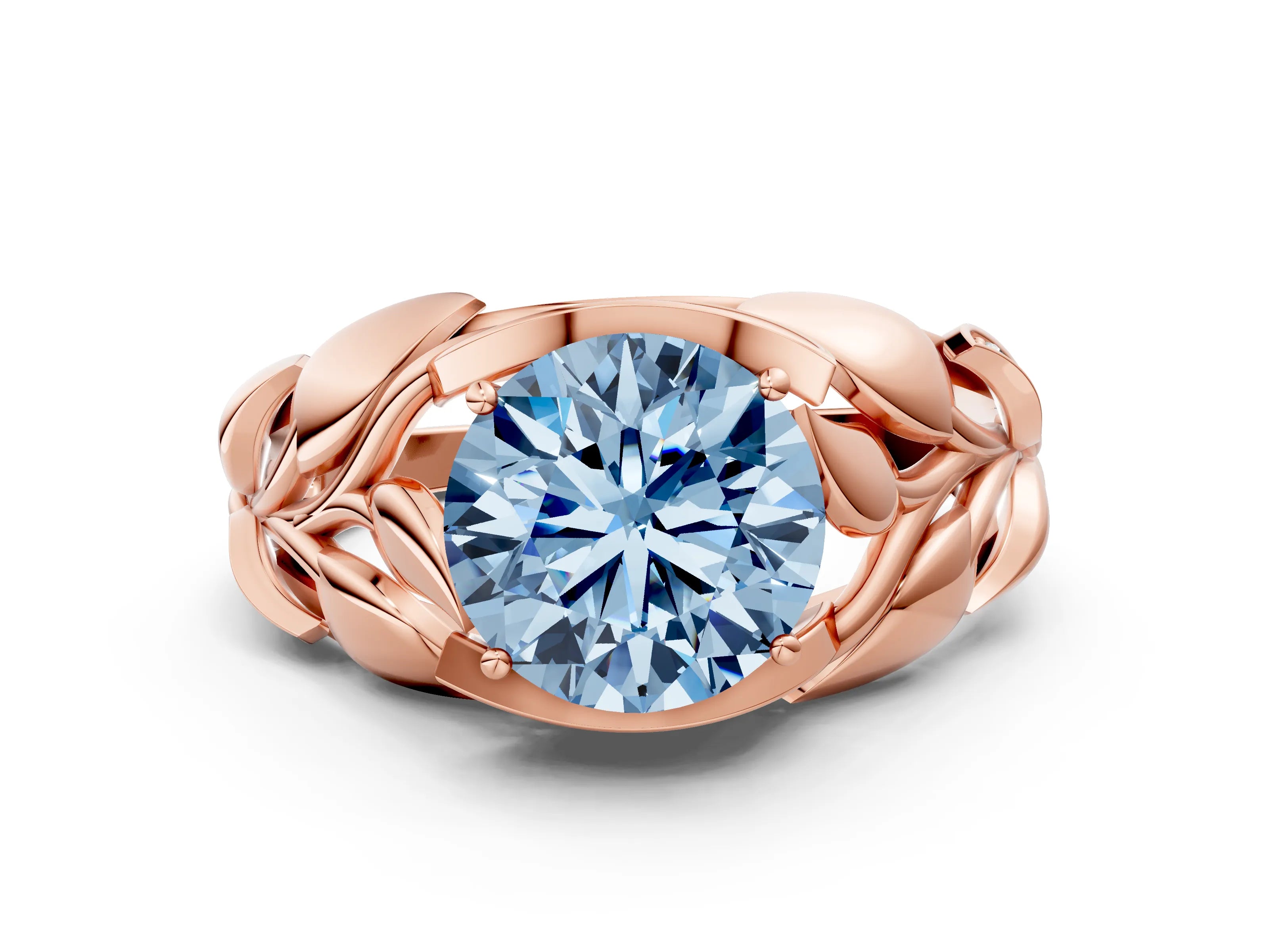 Rose gold Fancy Blue Round Cut Solitaire Leaf-Inspired Engagement Ring with Prong Setting