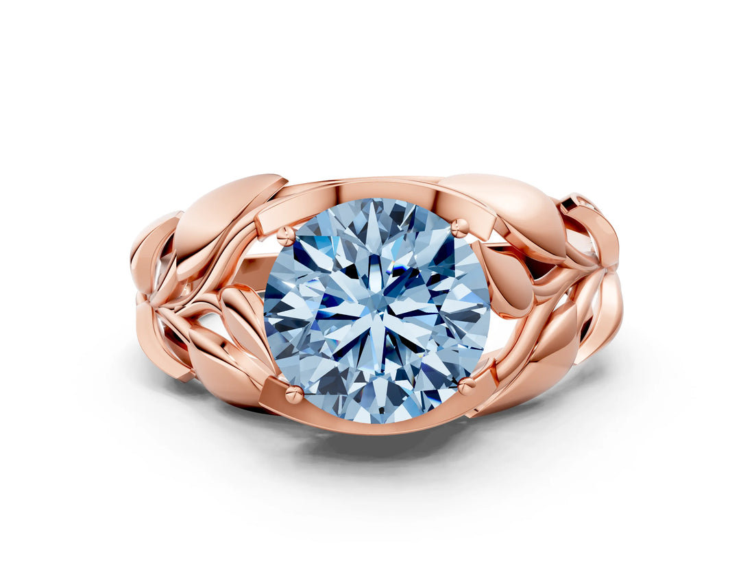 Rose gold Fancy Blue Round Cut Solitaire Leaf-Inspired Engagement Ring with Prong Setting_12