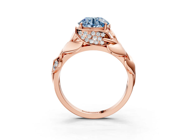 Rose Gold Round Leaf Bypass Engagement Ring Setting for Fancy Blue Center with Pave Leaf Panels