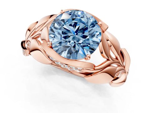 Rose gold Fancy Blue Round Cut Solitaire Leaf-Inspired Engagement Ring with Prong Setting_1