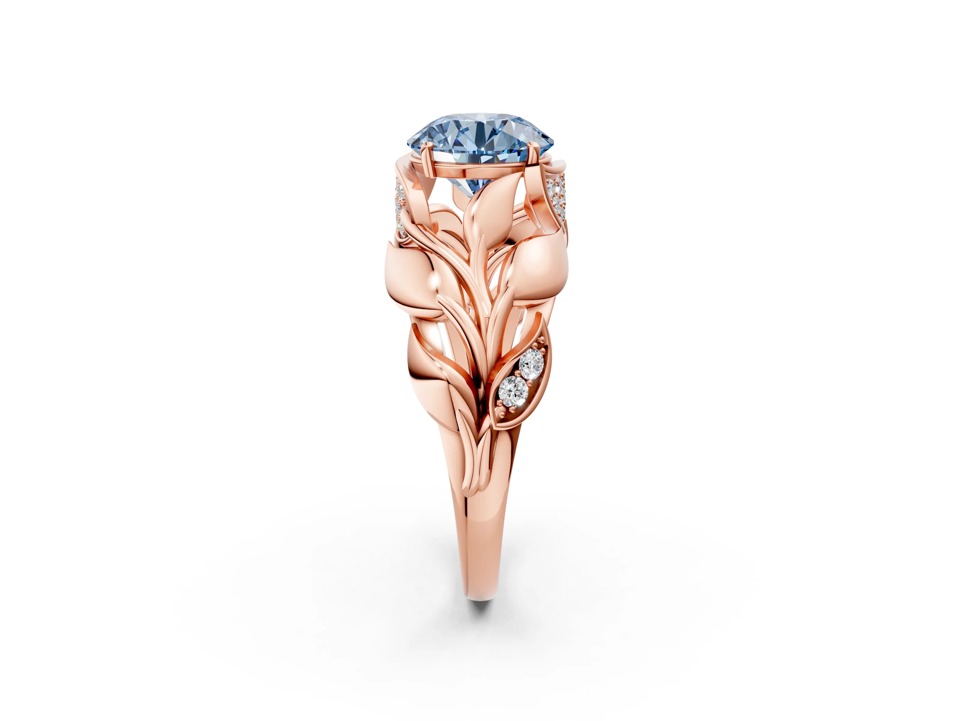 Rose gold Fancy Blue Round Cut Solitaire Leaf-Inspired Engagement Ring with Prong Setting_2