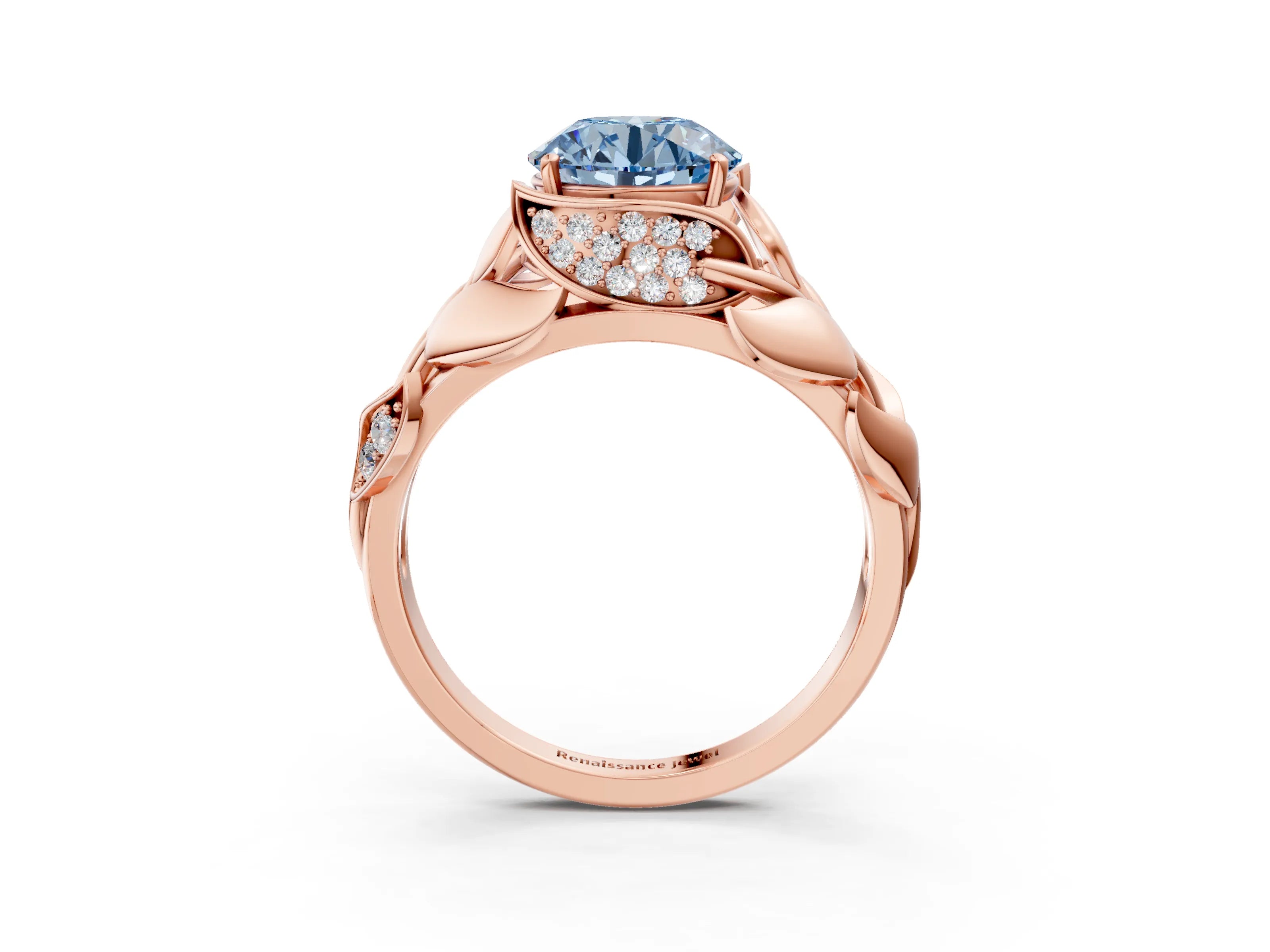 Rose gold Fancy Blue Round Cut Solitaire Leaf-Inspired Engagement Ring with Prong Setting_3