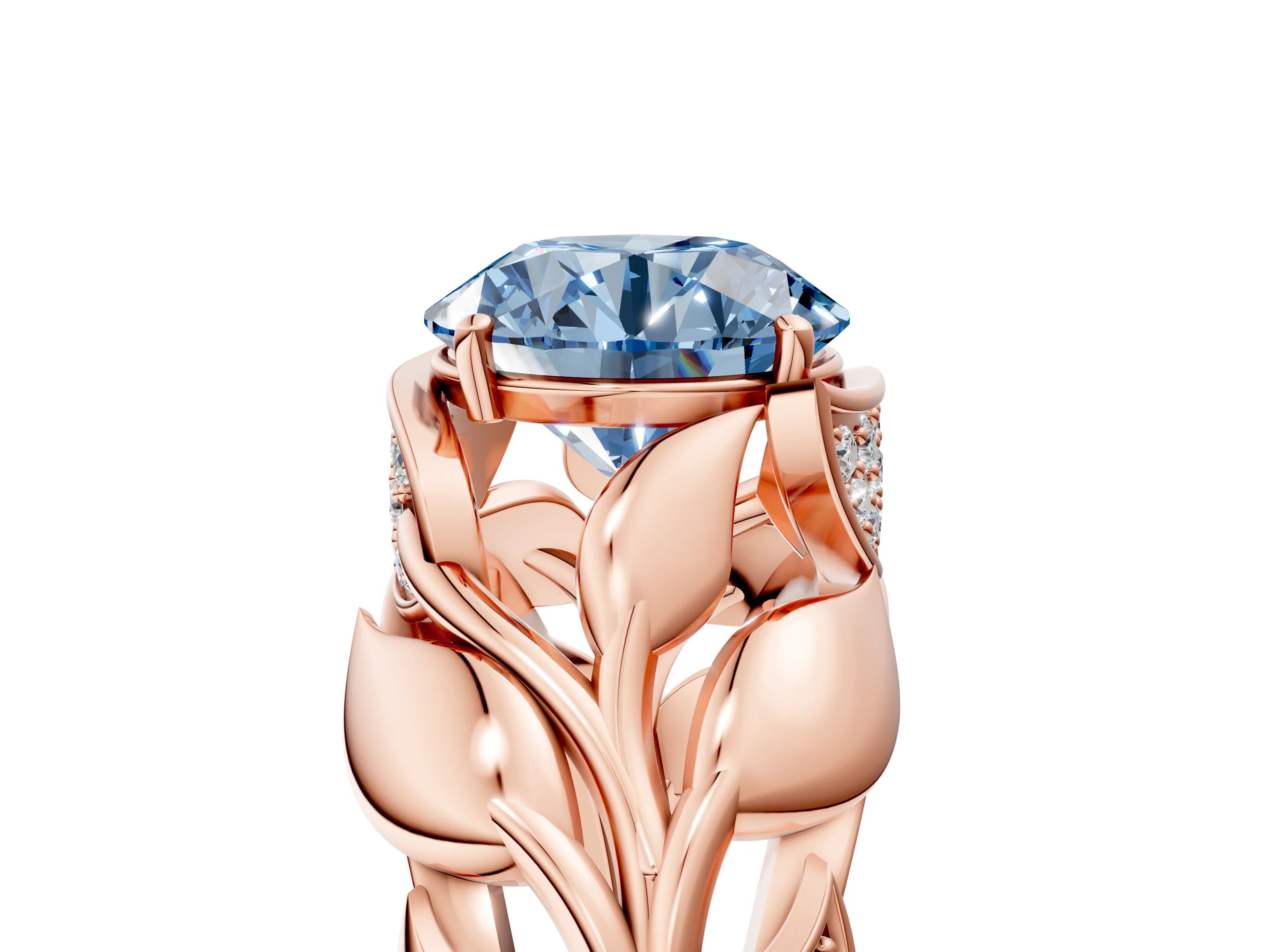 Rose gold Fancy Blue Round Cut Solitaire Leaf-Inspired Engagement Ring with Prong Setting_5