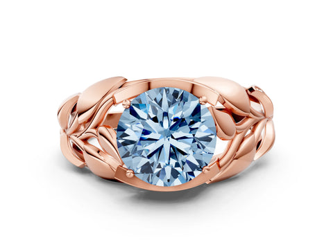Rose gold Fancy Blue Round Cut Solitaire Leaf-Inspired Engagement Ring with Prong Setting