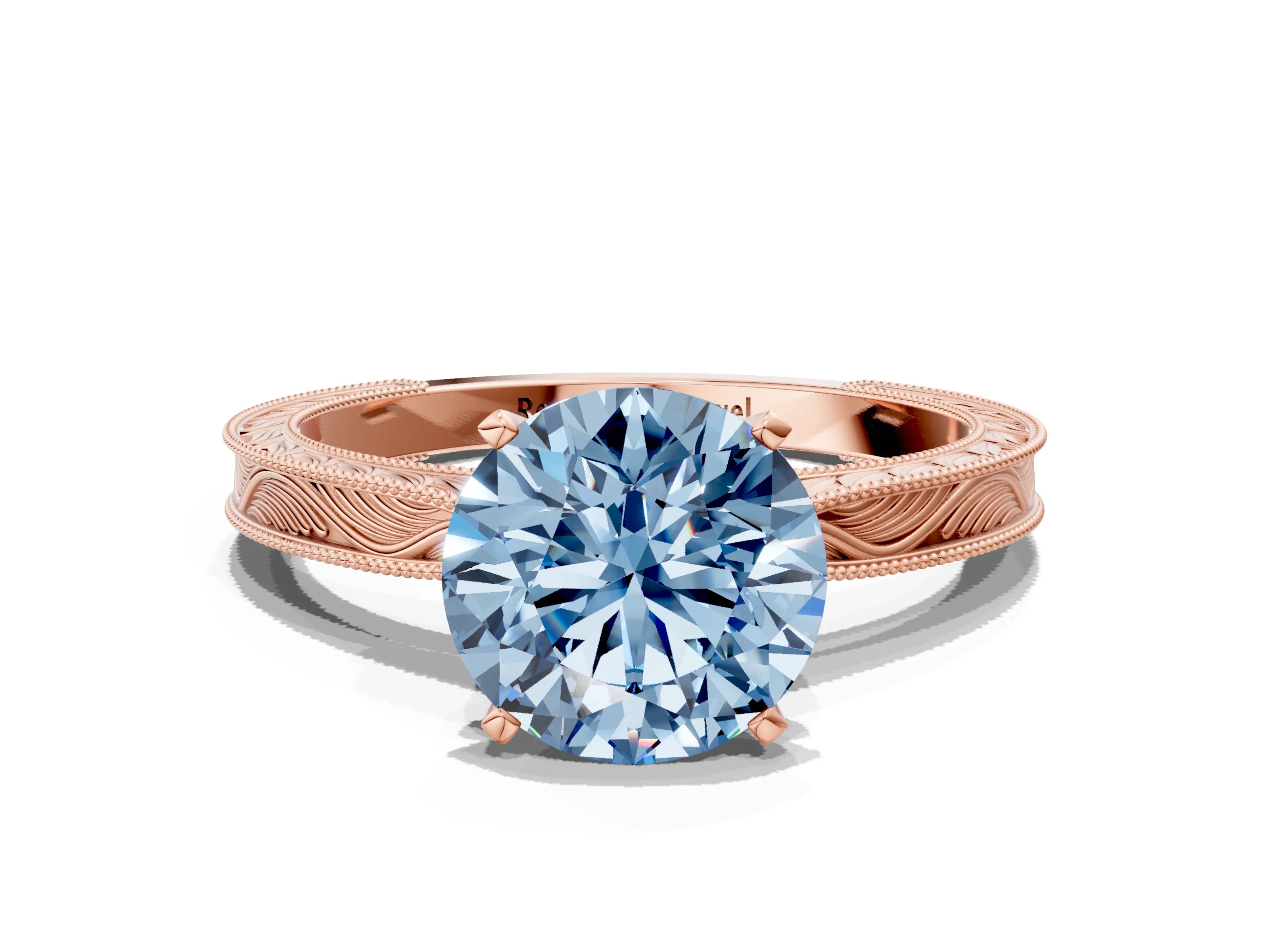 Rose gold Fancy Blue Round Cut Solitaire Milgrain Engraved Band with Four-Prong Setting