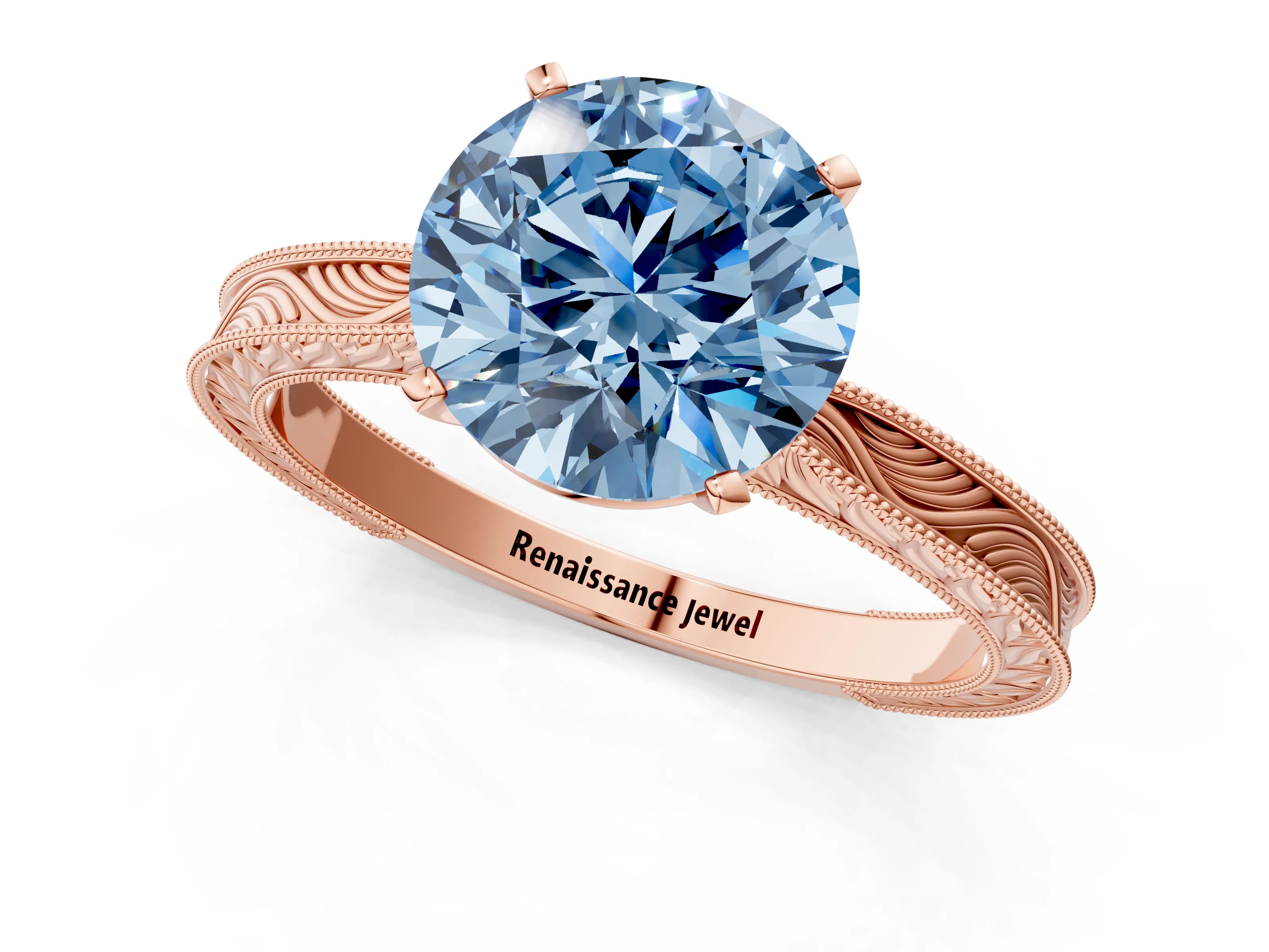 Rose gold Fancy Blue Round Cut Solitaire Milgrain Engraved Band with Four-Prong Setting_1