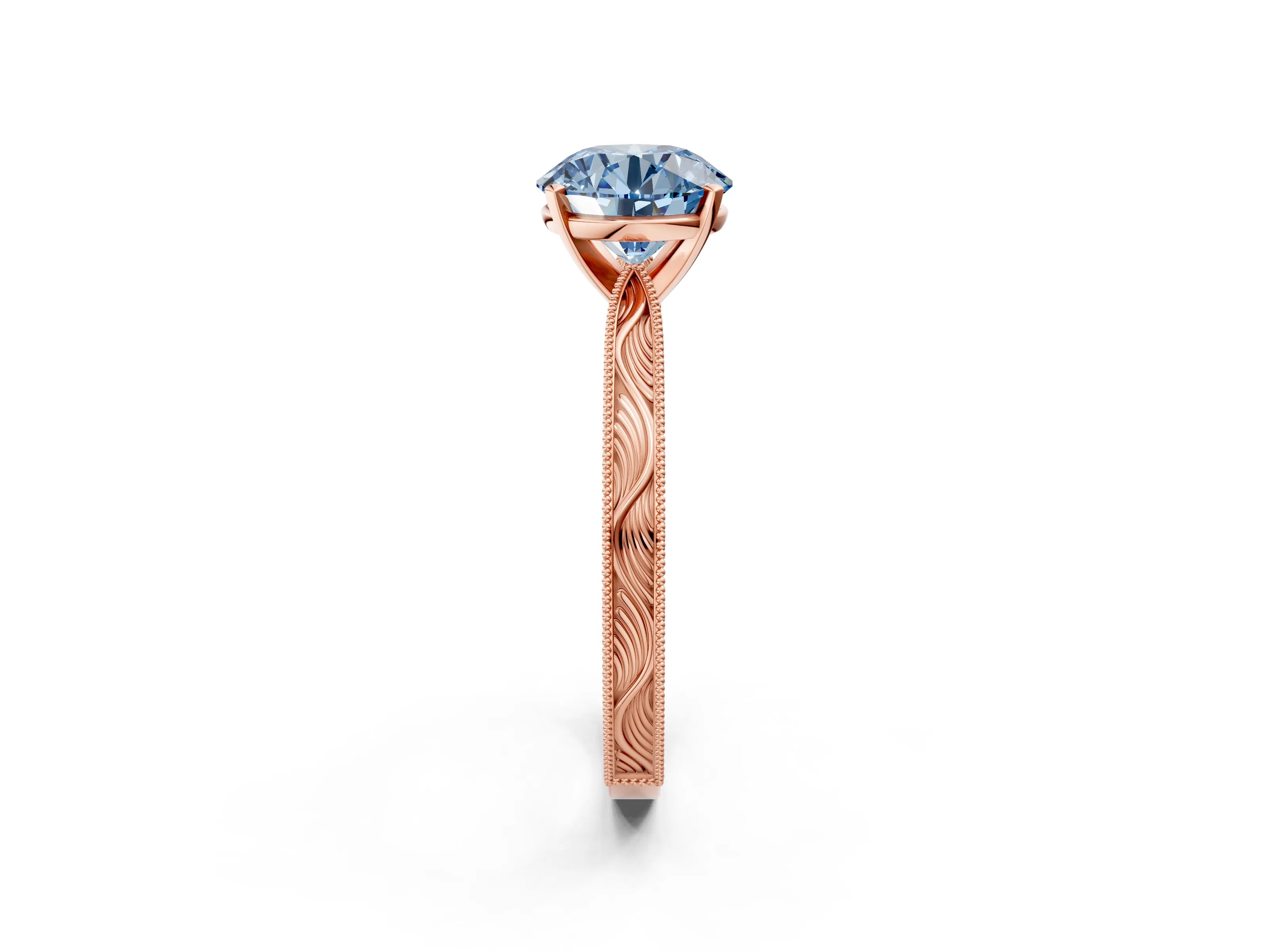 Rose gold Fancy Blue Round Cut Solitaire Milgrain Engraved Band with Four-Prong Setting_2
