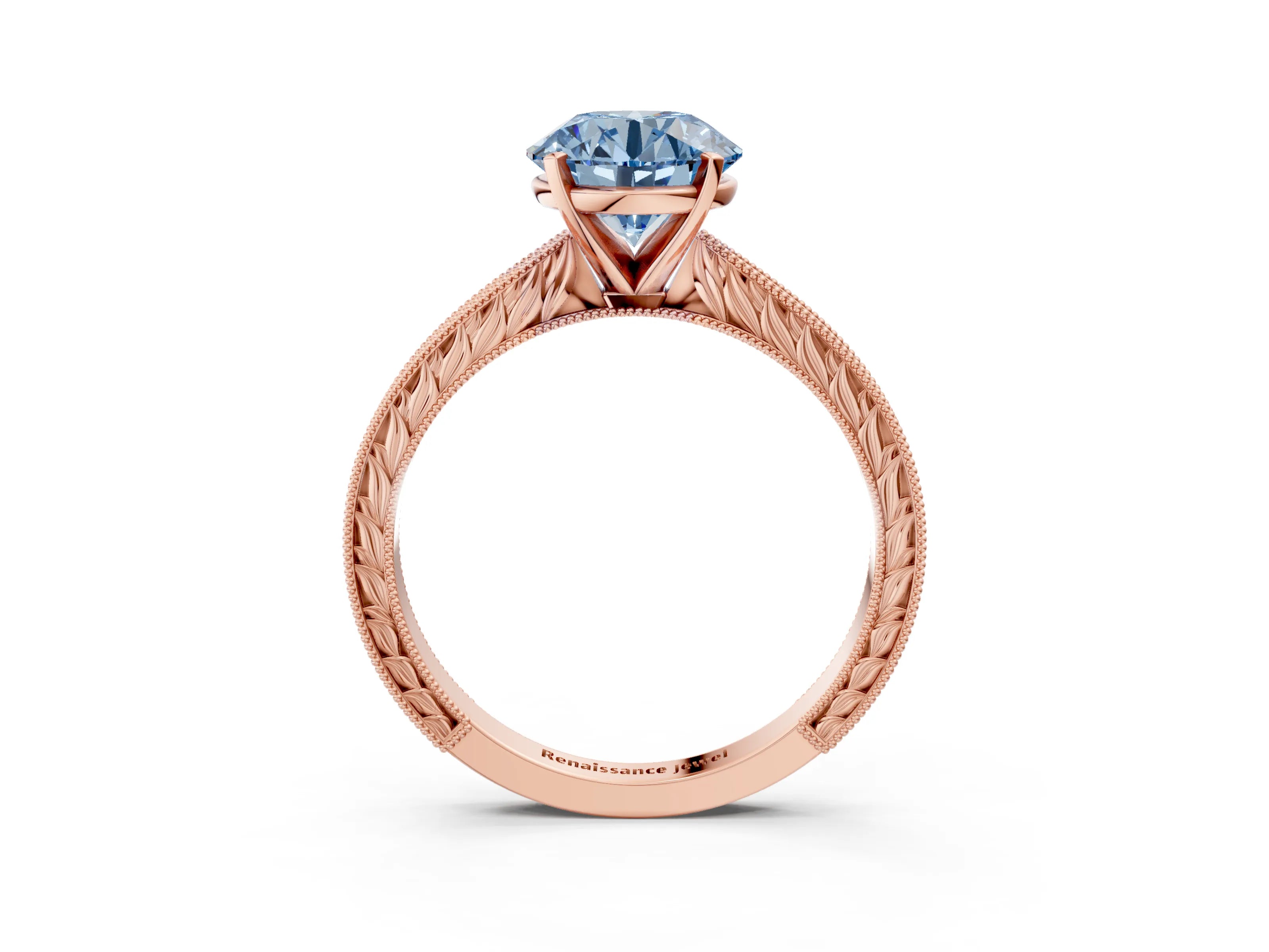 Rose gold Fancy Blue Round Cut Solitaire Milgrain Engraved Band with Four-Prong Setting_3