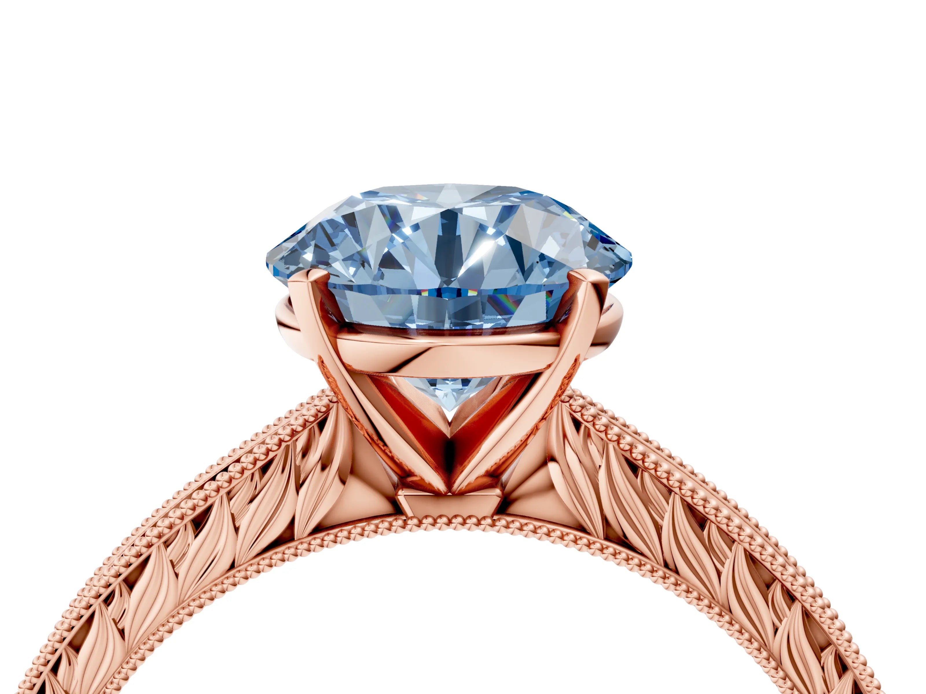 Rose gold Fancy Blue Round Cut Solitaire Milgrain Engraved Band with Four-Prong Setting_4