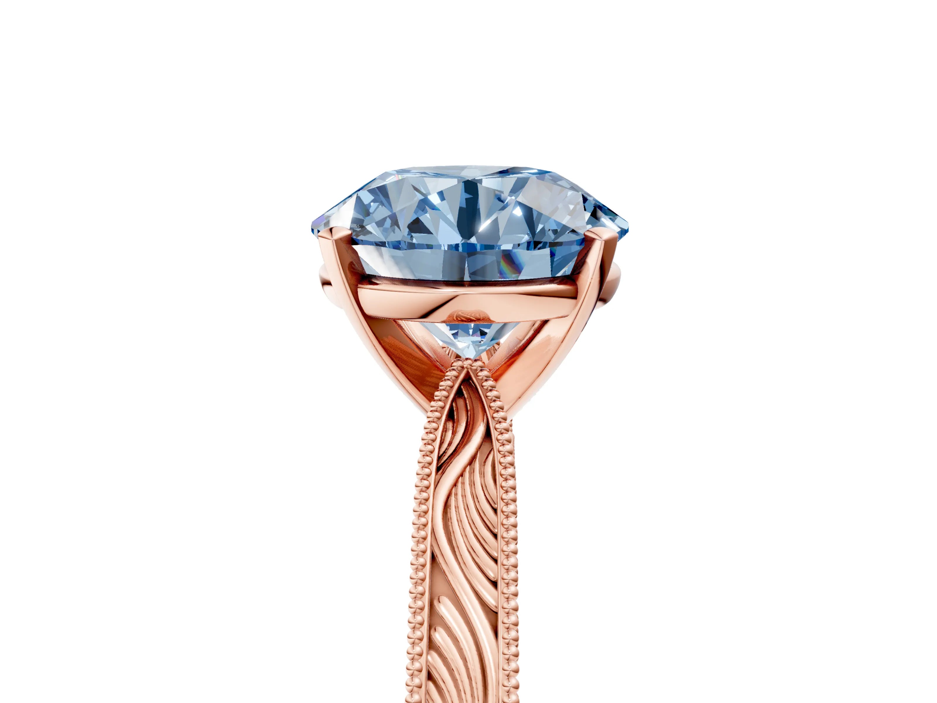 Rose gold Fancy Blue Round Cut Solitaire Milgrain Engraved Band with Four-Prong Setting_5