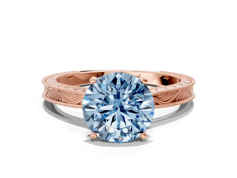 Rose gold Fancy Blue Round Cut Solitaire Milgrain Engraved Band with Four-Prong Setting