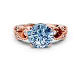 Rose gold Fancy Blue Round Cut Solitaire Milgrain Leaf Band with Prong Setting
