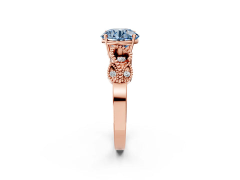 Rose gold Fancy Blue Round Cut Solitaire Milgrain Leaf Band with Prong Setting_2