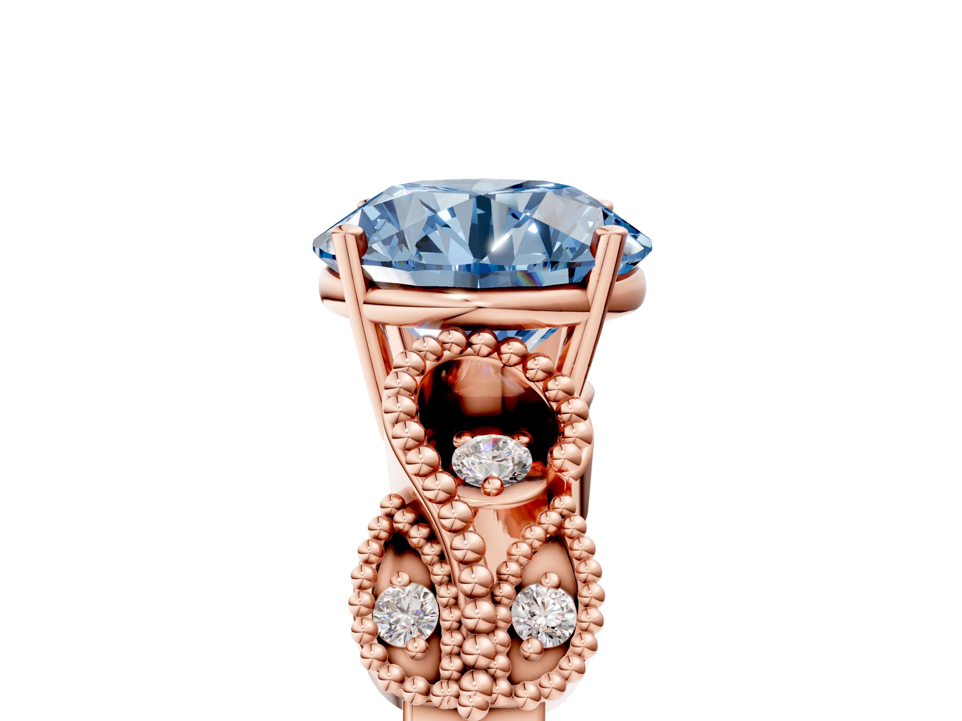 Rose gold Fancy Blue Round Cut Solitaire Milgrain Leaf Band with Prong Setting_5