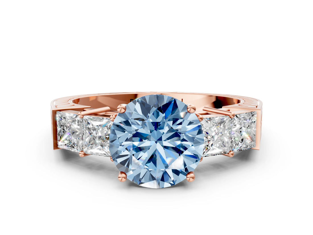 Rose gold Fancy Blue Round Cut Solitaire Princess Side Stone Engraved Band Prong Setting Ring