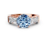 Rose gold Fancy Blue Round Cut Solitaire Princess Side Stone Engraved Band Prong Setting Ring