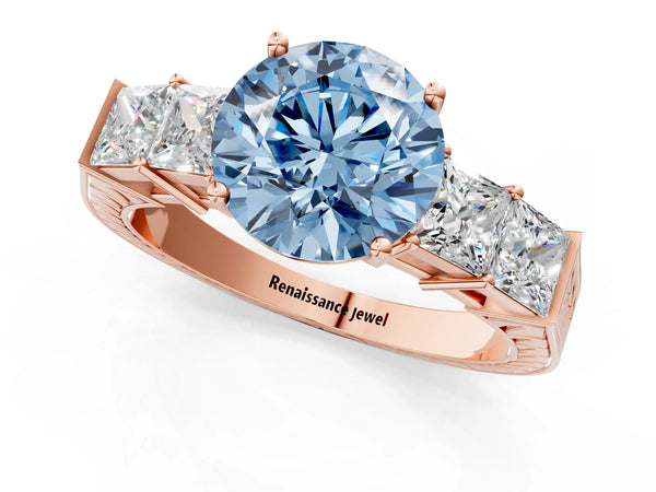 Rose gold Fancy Blue Round Cut Solitaire Princess Side Stone Engraved Band Prong Setting Ring