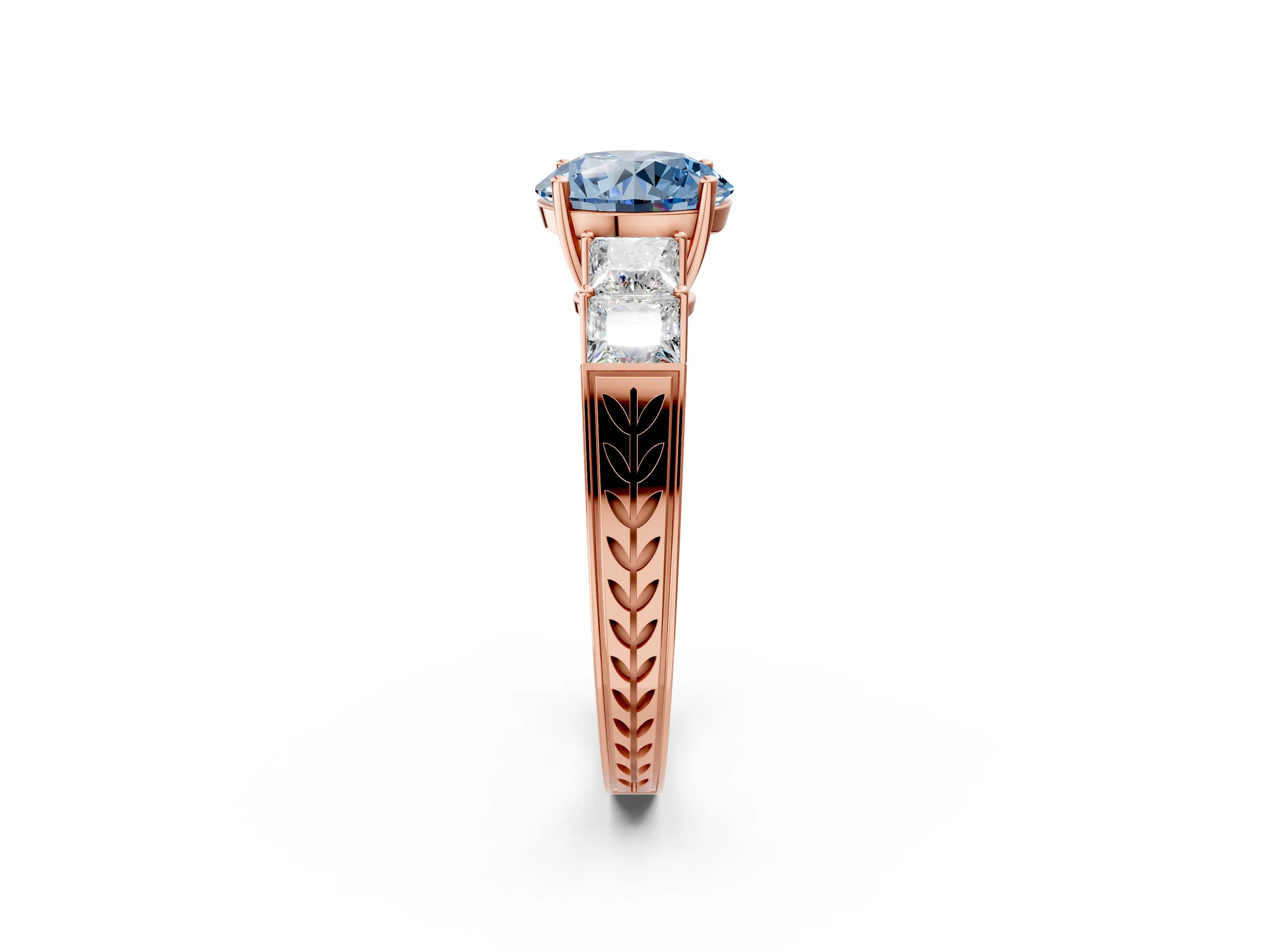 Rose gold Fancy Blue Round Cut Solitaire Princess Side Stone Engraved Band Prong Setting Ring_2