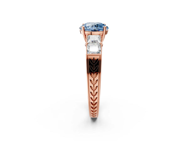 Rose gold Fancy Blue Round Cut Solitaire Princess Side Stone Engraved Band Prong Setting Ring