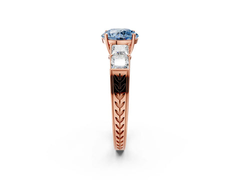 Rose gold Fancy Blue Round Cut Solitaire Princess Side Stone Engraved Band Prong Setting Ring_2