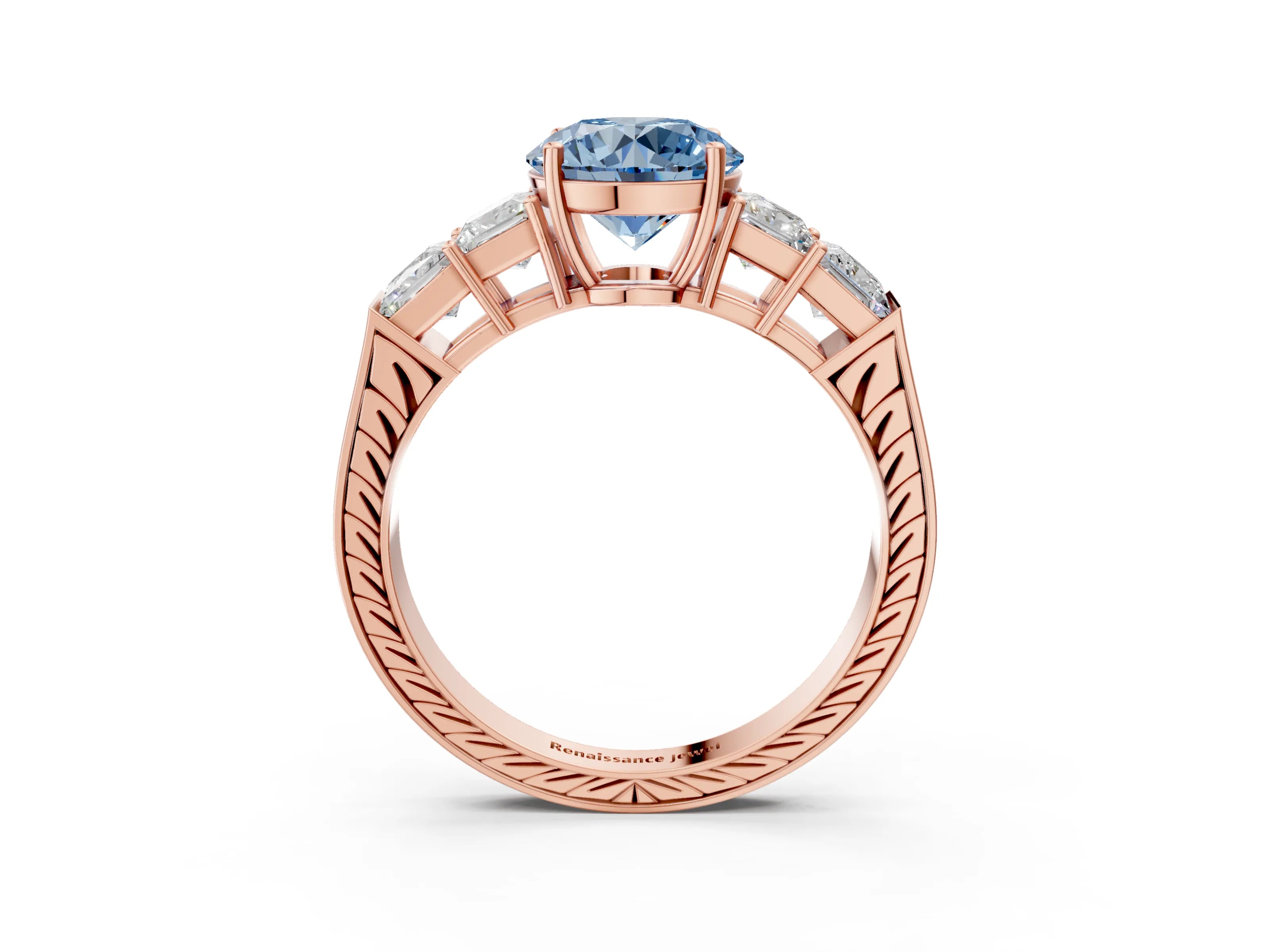 Rose gold Fancy Blue Round Cut Solitaire Princess Side Stone Engraved Band Prong Setting Ring_3