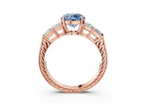 Rose gold Fancy Blue Round Cut Solitaire Princess Side Stone Engraved Band Prong Setting Ring_3