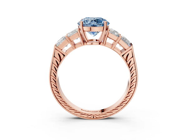 Rose gold Fancy Blue Round Cut Solitaire Princess Side Stone Engraved Band Prong Setting Ring