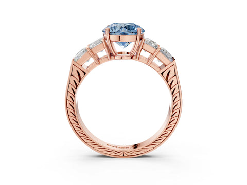 Rose gold Fancy Blue Round Cut Solitaire Princess Side Stone Engraved Band Prong Setting Ring_3