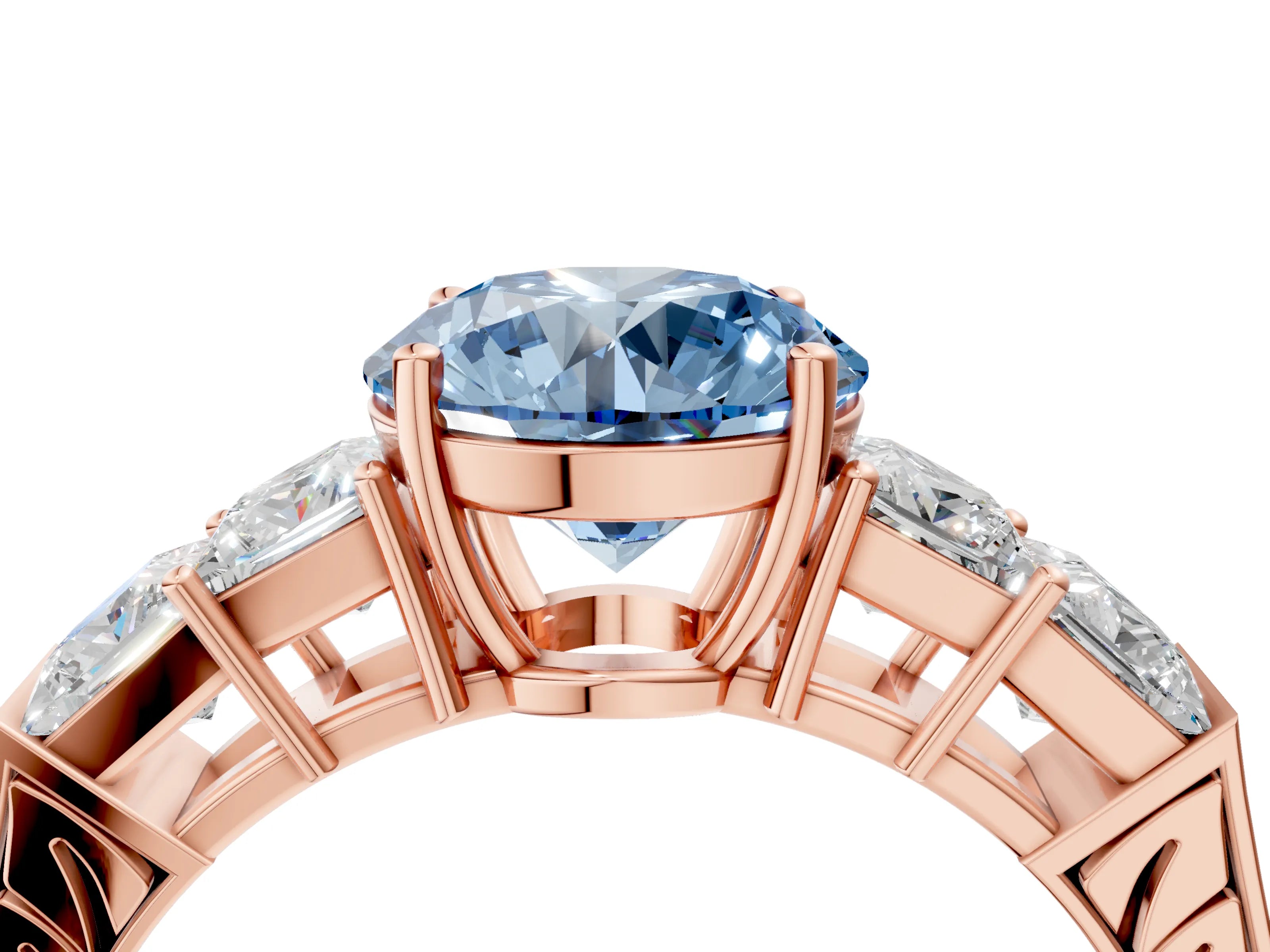Rose gold Fancy Blue Round Cut Solitaire Princess Side Stone Engraved Band Prong Setting Ring_4