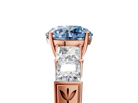 Rose gold Fancy Blue Round Cut Solitaire Princess Side Stone Engraved Band Prong Setting Ring_5