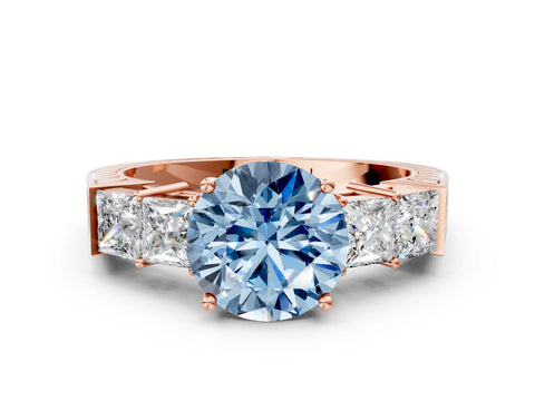 Rose gold Fancy Blue Round Cut Solitaire Princess Side Stone Engraved Band Prong Setting Ring