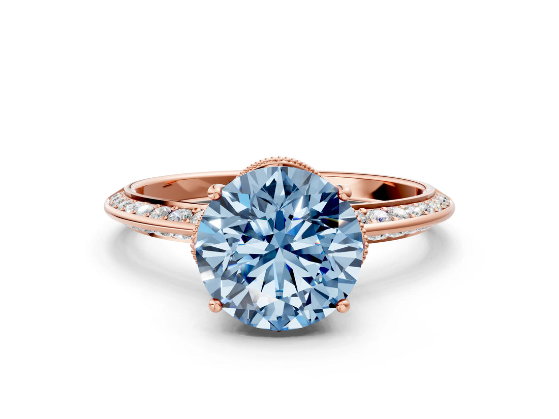 Rose gold Fancy Blue Round Cut Solitaire Split Shank Pave Diamond Engagement Ring with Four-Prong Setting