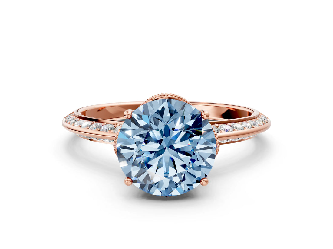 Rose gold Fancy Blue Round Cut Solitaire Split Shank Pave Diamond Engagement Ring with Four-Prong Setting_24