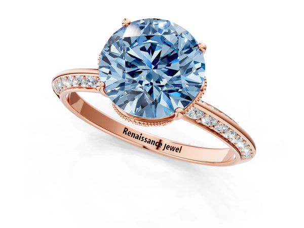 Rose Gold Round Graduated Pave Engagement Ring Setting for Fancy Blue Center