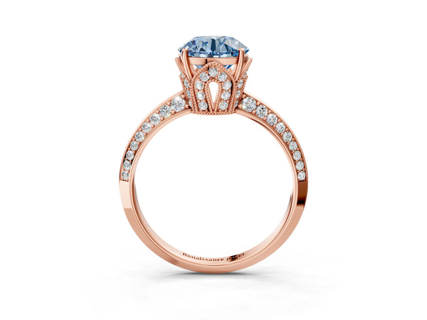 Rose Gold Round Graduated Pave Engagement Ring Setting for Fancy Blue Center