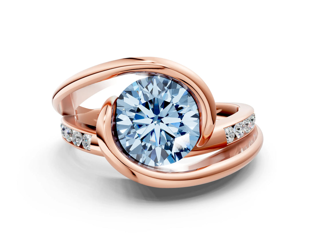 Rose gold Fancy Blue Round Cut Solitaire Tension-Set Diamond Split Shank Ring