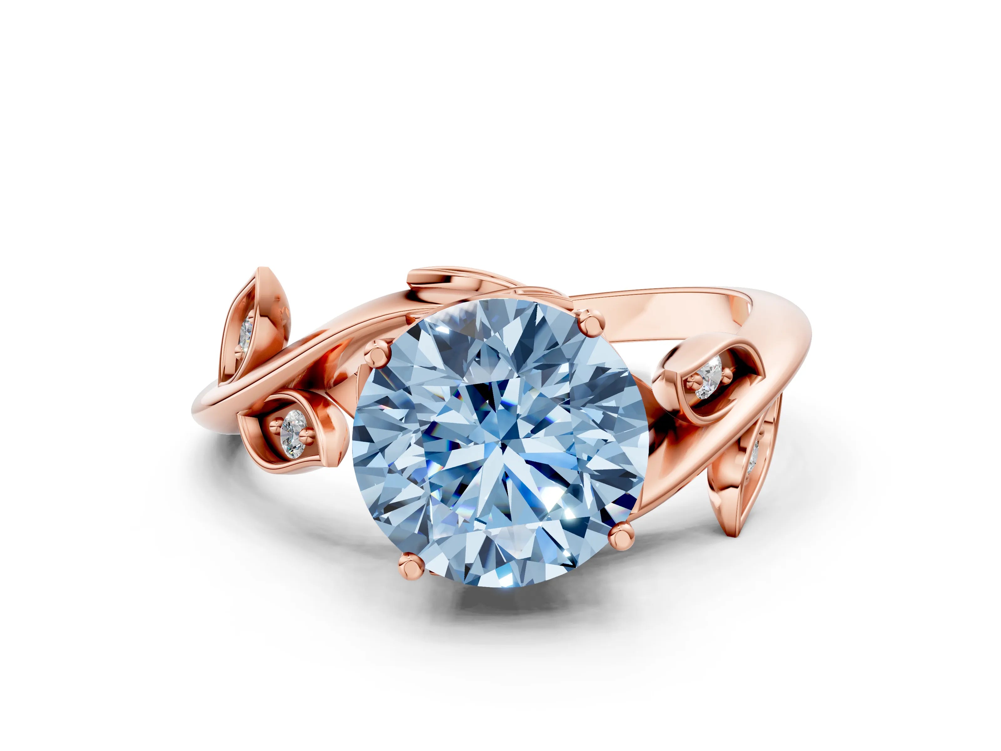 Rose gold Fancy Blue Round Cut Solitaire Twist Engagement Ring with Leaf Accents and Prong Setting_12
