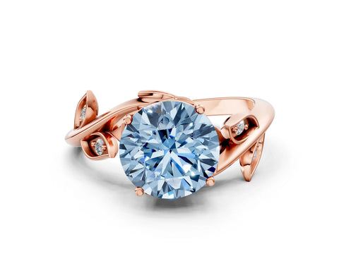 Rose gold Fancy Blue Round Cut Solitaire Twist Engagement Ring with Leaf Accents and Prong Setting_12